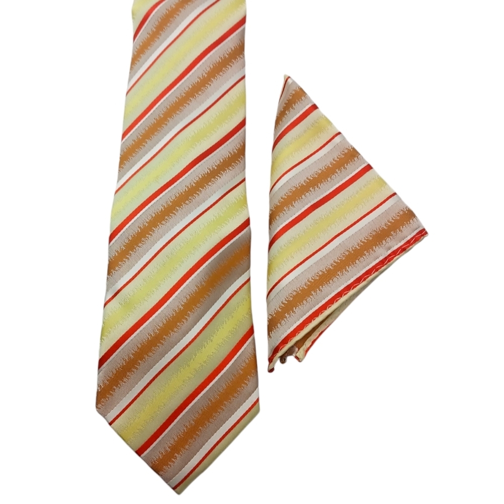 Berlioni Italy Mens Tie & Pocket Square Striped Orange 60" Gold Business Formal